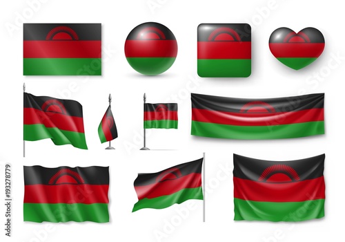 Free Download Set Malawi flags, banners, banners, symbols, realistic icon. Vector illustration of collection of national symbols on various objects and state signs - GFXLoad