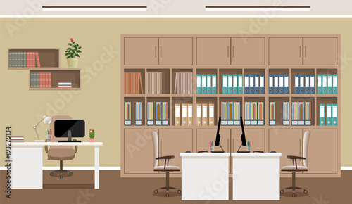Office interior concept. Workplace design with three workplaces and office furniture like tables, laptops, armchairs.