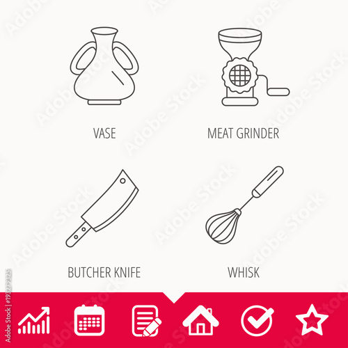 Meat grinder, butcher knife and whisk icons.