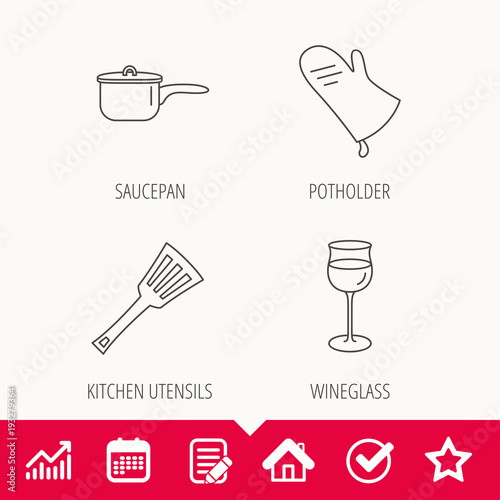 Saucepan, potholder and wineglass icons.