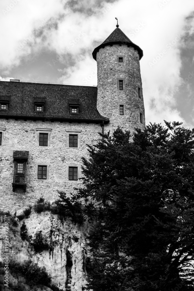Watch tower of medieval castle in black and white Watch tower of medieval castle in black and white