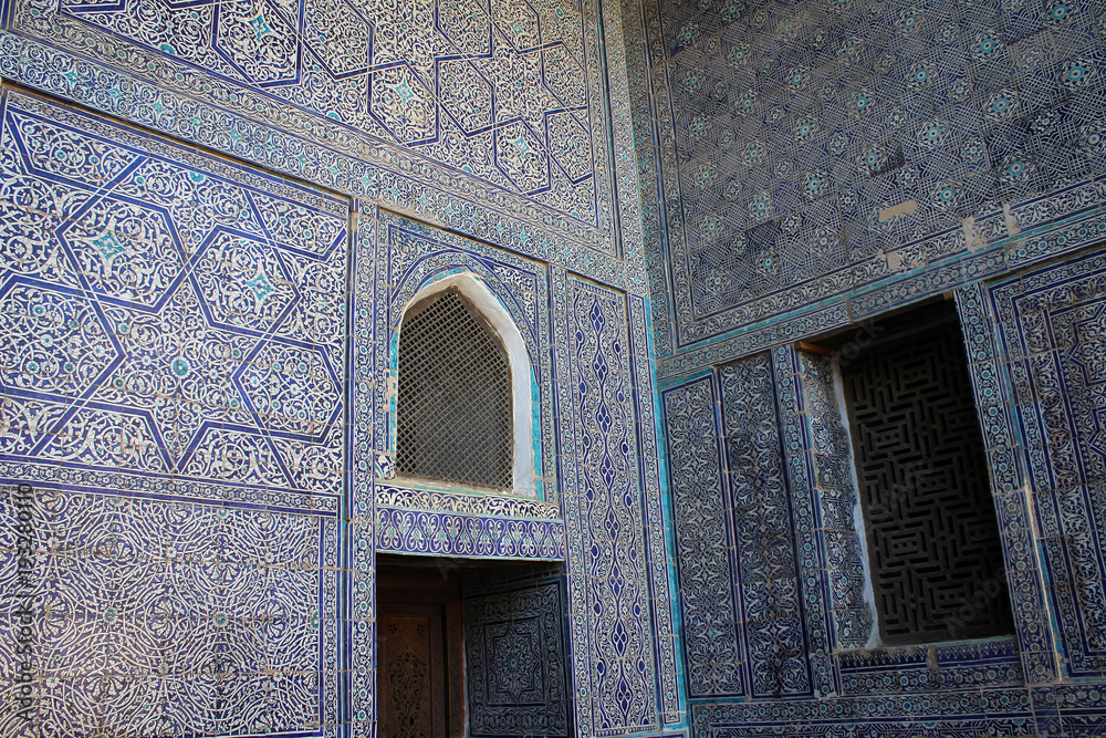 Ancient masterpiece of maiolica and mosaic of iwan gallery in Khiva, Uzbekistan 