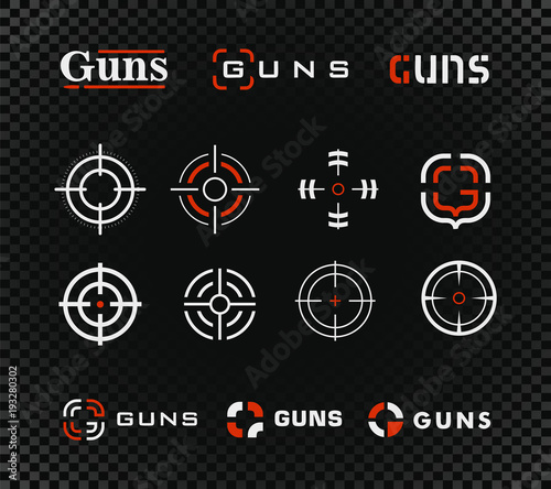 Shooting range vector template and icon collection. Guns or other weapon rifle sight sign set on black transparent background.