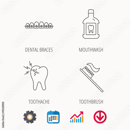 Toothache, dental braces and mouthwash icons.