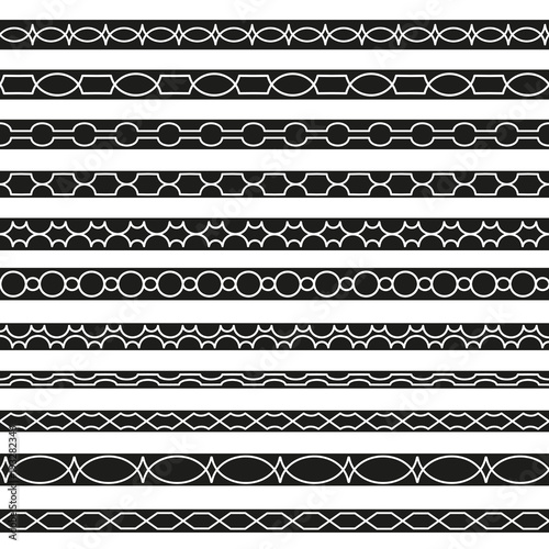 Set of vector borders art dividers in geometrical style. Borders for the text, invitation cards, various printing editions. Seamless horizontal patterns.