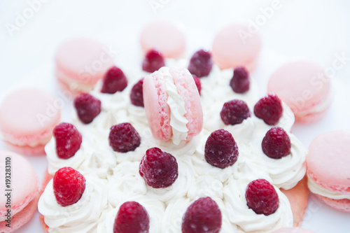 Raspberry Cake with Macarons