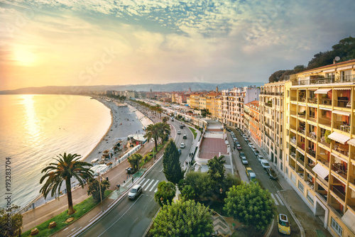 Obraz na płótnie Cityscape of Promenade des Anglais in Nice in evening at sunset. France w salonie
