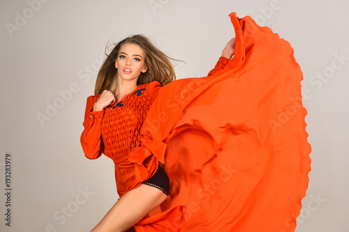 Fotografie Sensual woman in fashionable folk dress, autumn.