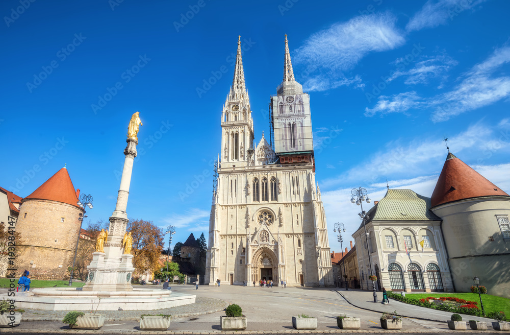 Cathedral and Blessed Virgin Mary monument in Zagreb. Croatia