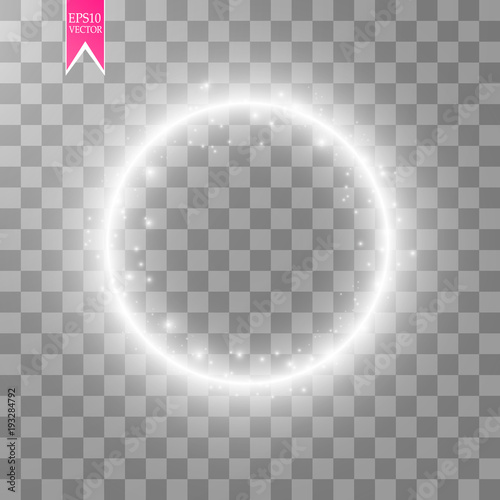 Vector light ring. Round shiny frame with lights dust trail particles isolated on transparent background.