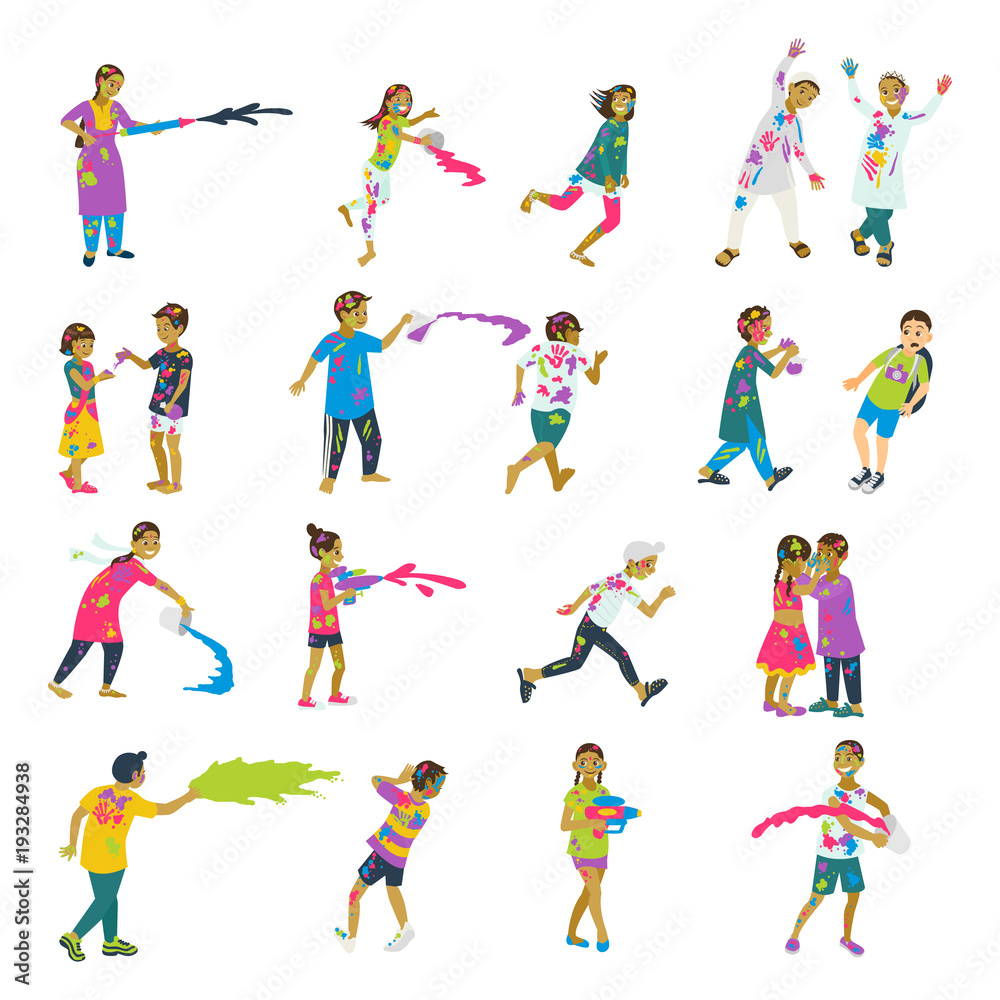 Happy holi set of 20 children characters playing holi. Vector set of characters.