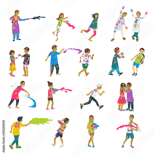 Happy holi set of 20 children characters playing holi. Vector set of characters.
