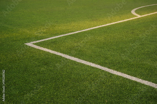 green texture of football or soccer field with white corner line background
