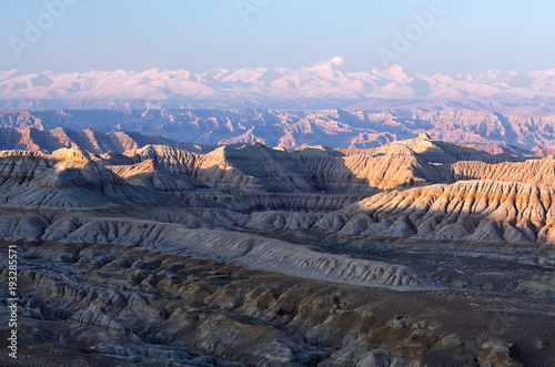 Panorama of Earth Forest National park and Himalayas at sunset in Western Tibet, China