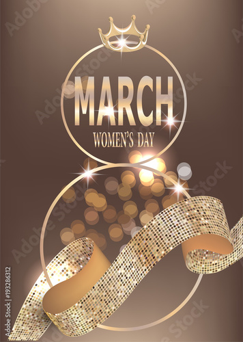 8 march Women's day  with  golden rings, ribbon and crown. Vector illustration