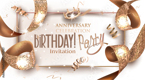 Birthday party banner with golden textured ribbon. Vector illustration