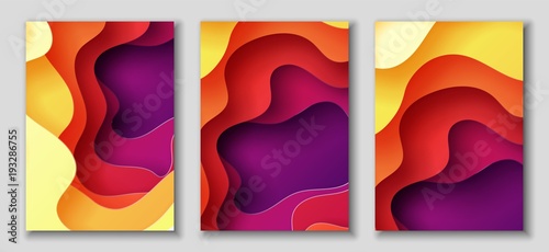 Vertical A4 flyers with 3D abstract background with paper cut shapes. Vector design layout