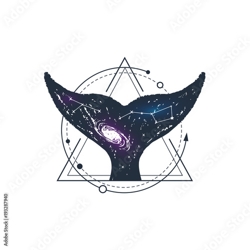 Hand drawn space badge with whale's tail textured vector illustration.