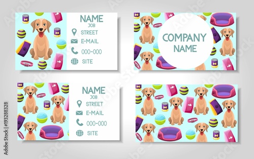 Vector modern colorful business card template set with dog and pet store items. Front page and back page template with pet grooming and market items. Vector illustration © ArtAdi