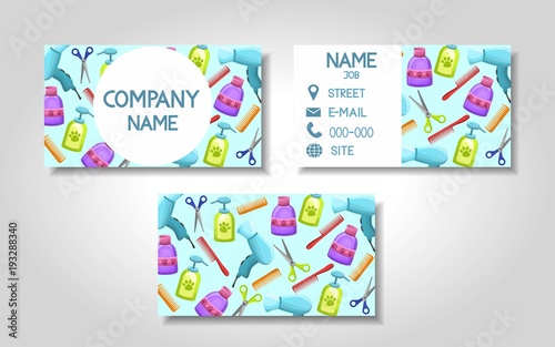 Vector modern colorful business card template set with pet store grooming items. Front page and back page template with pet grooming and market items. Vector illustration