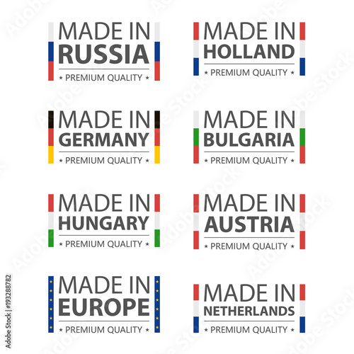 Simple vector logos Made in Germany, Russia, Hungary, Holland, Bulgaria, Austria, Nederland and Made in European Union. Premium quality. Label with flag. Vector illustration.