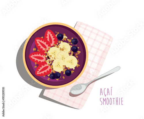 Acai Smoothie Bowl - Acai fruit energy bowl with strawberries, banana and granola topping. Healthy summer meal with napkin and spoon. Top view isolated vector illustration.