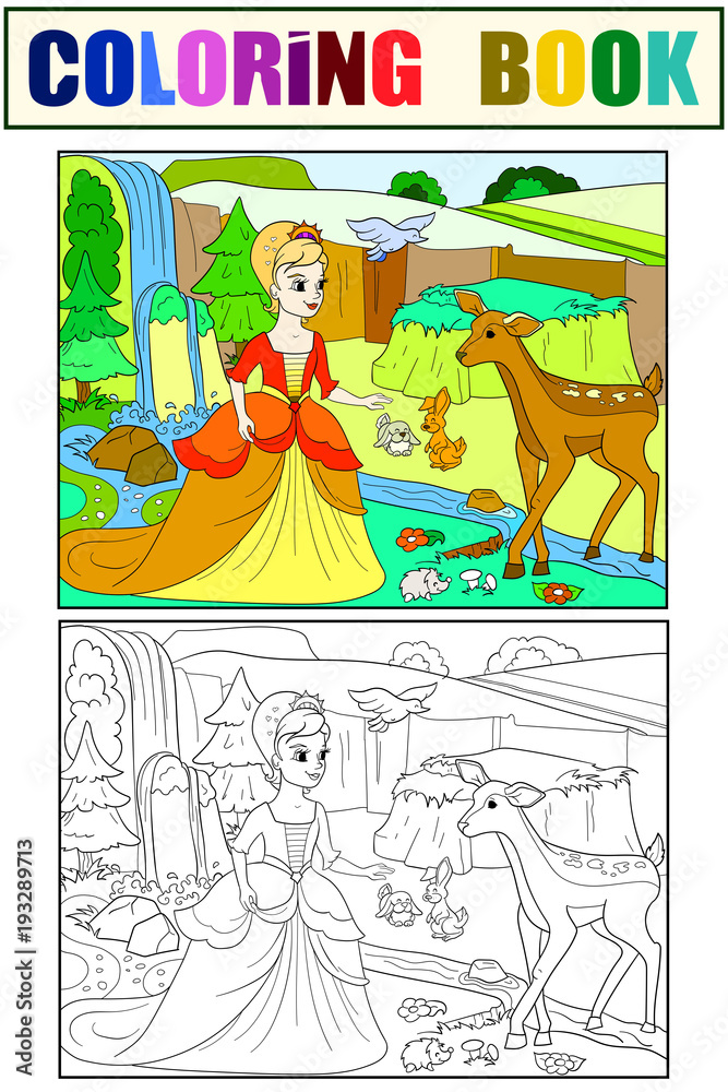 Obraz premium Snow White in the woods with animals. Tale, cartoon, color book black lines on a blank background. Coloring, black and white