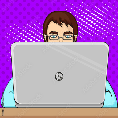 A male programmer works for laptops. IT staff at the computer. Pop art vector. Imitation of the cosiness of style.