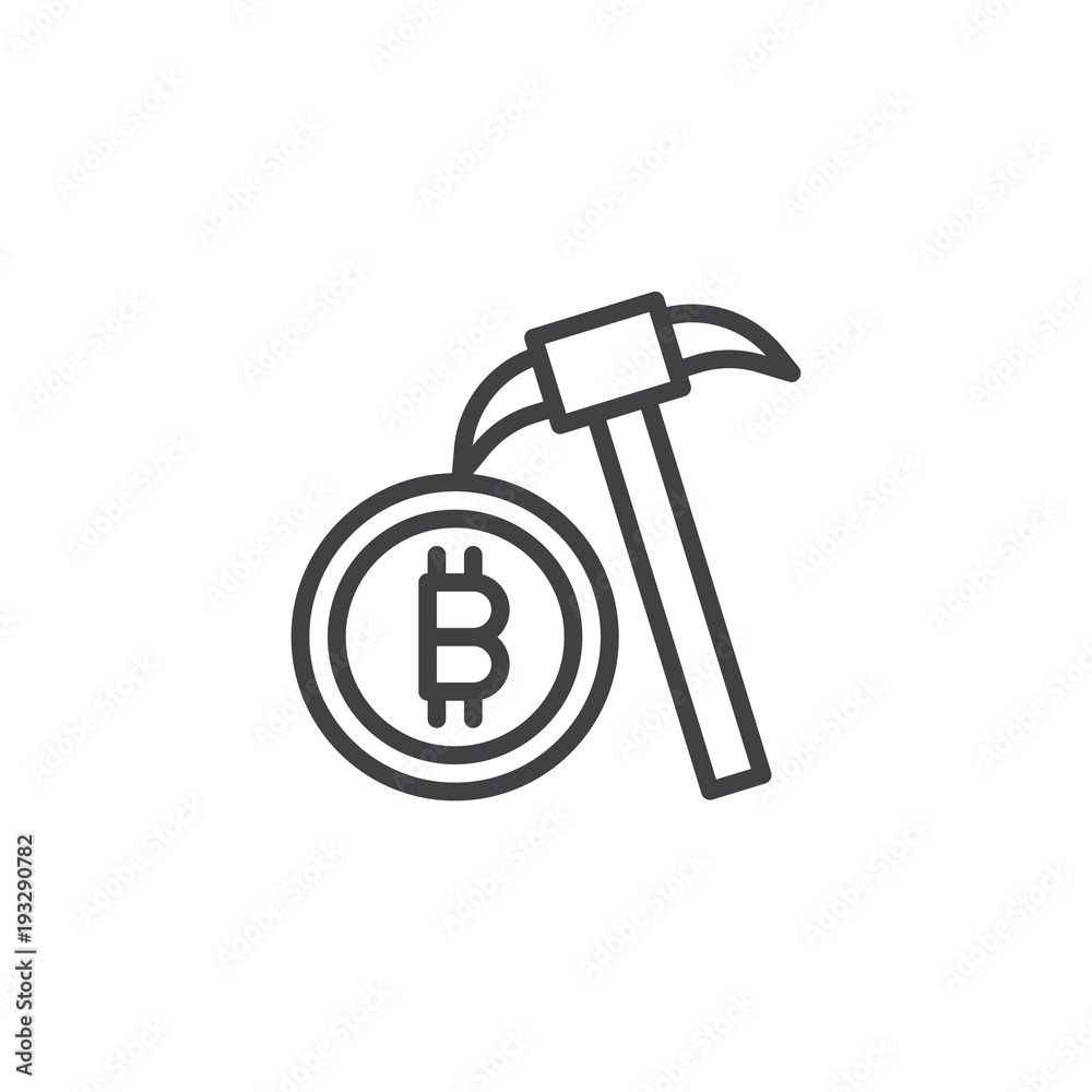 Mining Bitcoin outline icon. linear style sign for mobile concept and web design. Pickaxe and bitcoin coin simple line vector icon. Symbol, logo illustration. Pixel perfect vector graphics Mining Bitcoin outline icon. linear style sign for mobile concept and web design. Pickaxe and bitcoin coin simple line vector icon. Symbol, logo illustration. Pixel perfect vector graphics