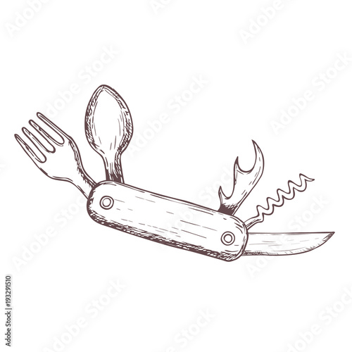 Compact camping knife, fork, spoon for camping tourism, cartoon sketch illustration of travel equipment. Vector