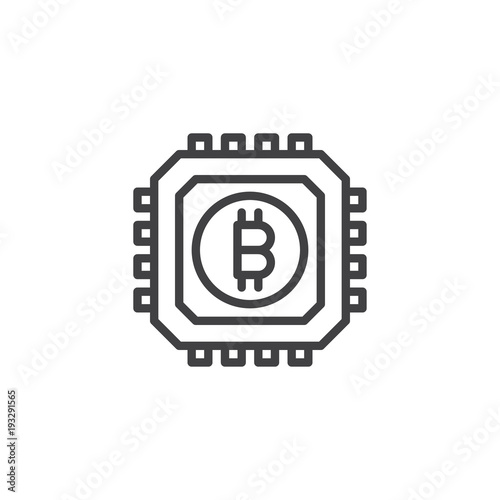 Bitcoin and asic chip outline icon. linear style sign for mobile concept and web design. Cryptocurrency mining hardware simple line vector icon. Symbol, logo illustration. Vector graphics