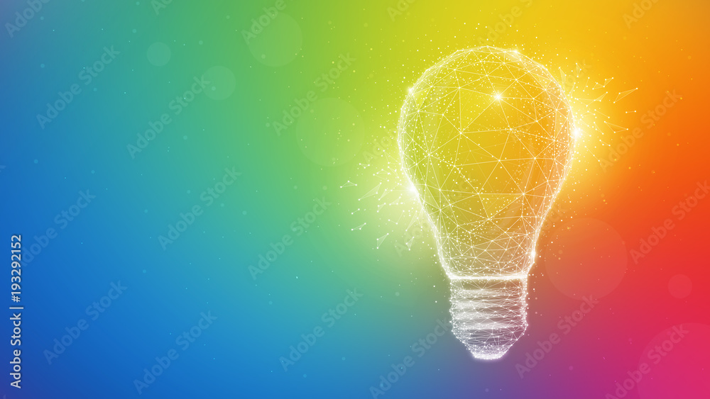 Polygon idea light bulb on blurred gradient multicolored background. Global cryptocurrency blockchain business banner concept. Lamp symbolize inspiration, innovation, invention, effective thinking. - obrazy, fototapety, plakaty 