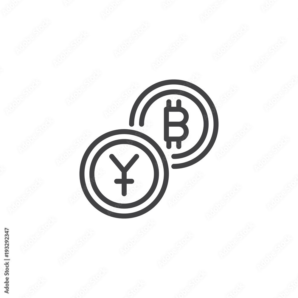 Yuan exchange to Bitcoin outline icon. linear style sign for mobile concept and web design. Crypto currency exchange simple line vector icon. Symbol, logo illustration. Pixel perfect vector graphics Yuan exchange to Bitcoin outline icon. linear style sign for mobile concept and web design. Crypto currency exchange simple line vector icon. Symbol, logo illustration. Pixel perfect vector graphics