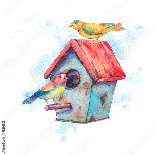 Stampa su tela Watercolor illustration with birdhouse and pair of birds