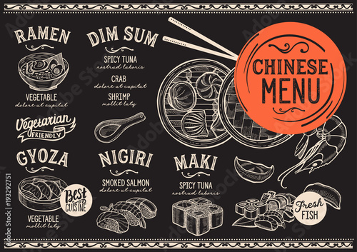 Japanese sushi restaurant menu. Vector chinese dim sum food flyer. Design template with vintage hand-drawn illustrations.