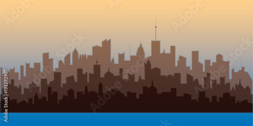 Horizontal city landscape. Brown silhouettes of buildings. Vector illustration of modern city residential area.