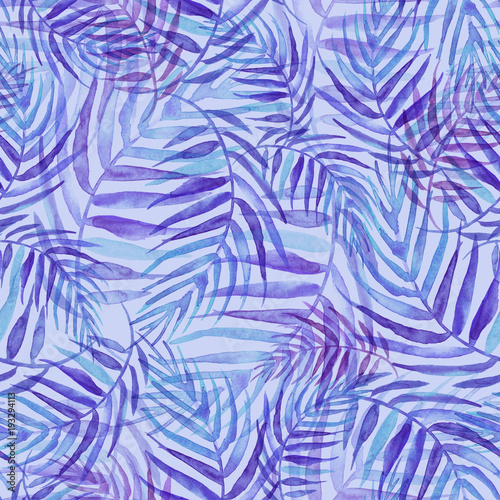 Seamless watercolor background from purple tropical leaves, palm leaf, fern, floral pattern. Bright Rapport for Paper, Textile, Wallpaper, design. Tropical leaves watercolor. 