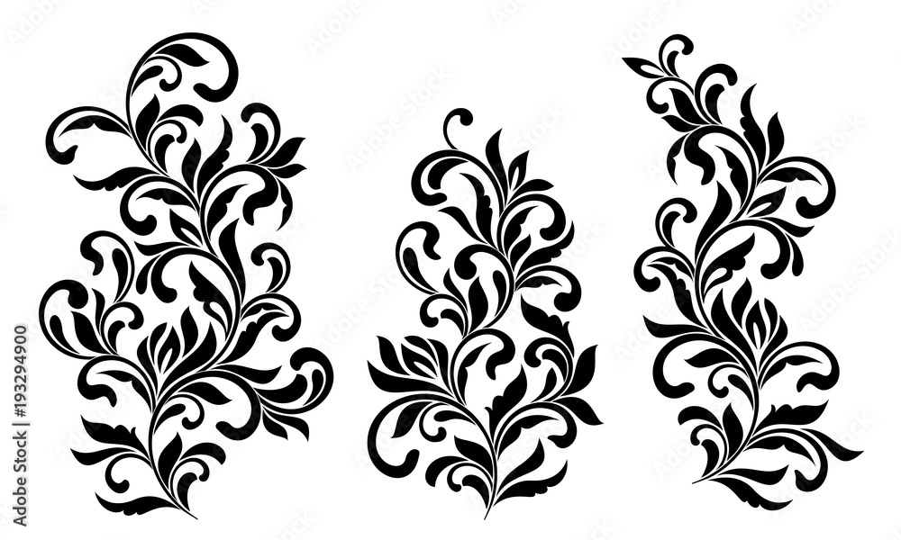 Decorative floral elements with swirls and leaves isolated on white background. Ideal for stencil. Vintage style. 