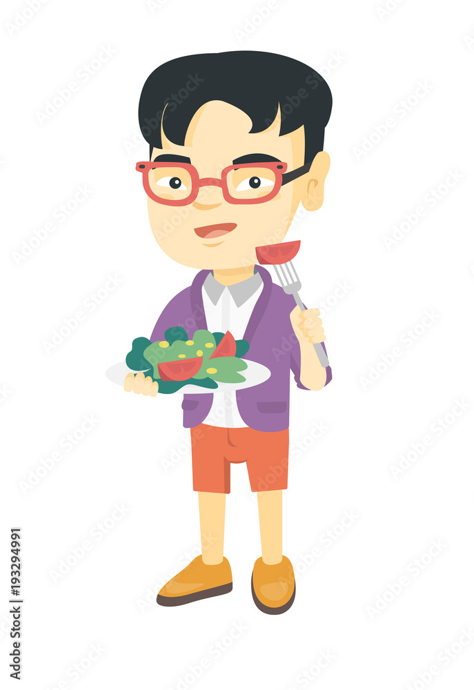 Little asian boy holding fork with tomato and plate with salad. Full length of cheerful boy eating vegetable salad. Vector sketch cartoon illustration isolated on white background.