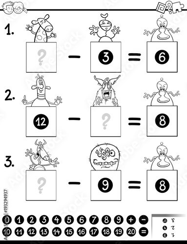 subtraction game coloring book with monsters