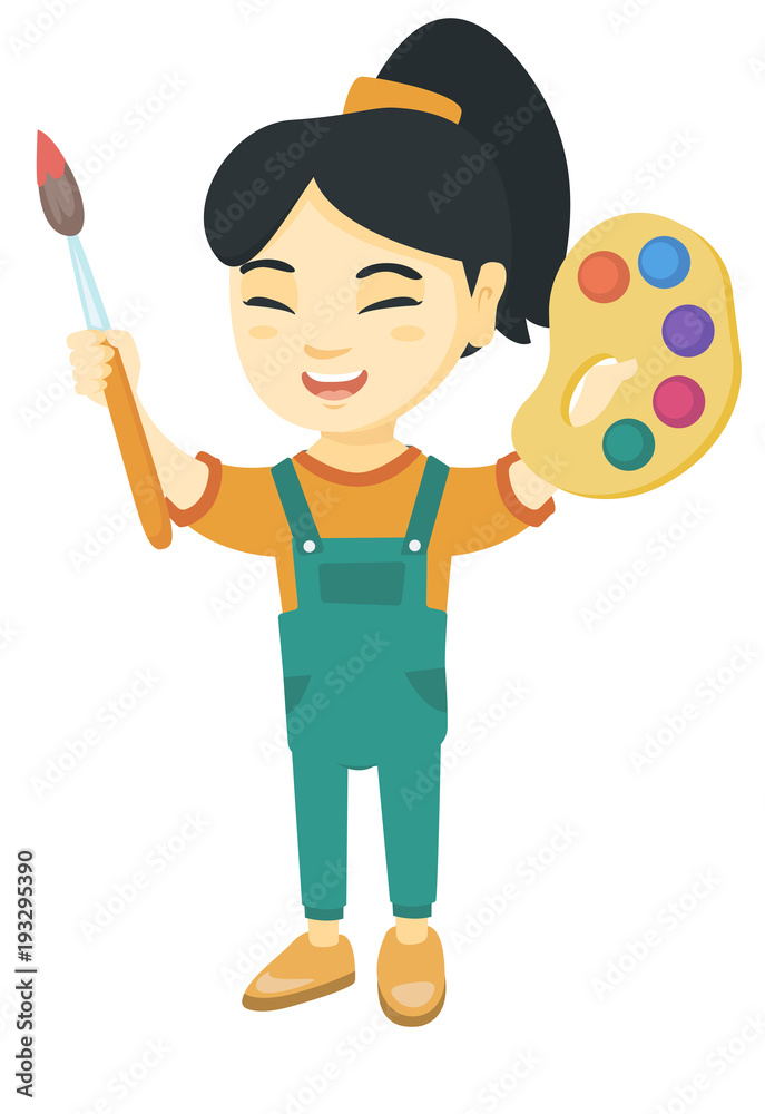 Smiling asian girl drawing with colorful paints and brush. Creative girl  holding paintbrush and palette with watercolors. Vector sketch cartoon  illustration isolated on white background. Stock Vector | Adobe Stock