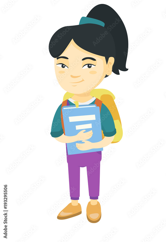 Asian schoolgirl with backpack and textbook. Smiling happy schoolgirl hugging a textbook. Vector sketch cartoon illustration isolated on white background.