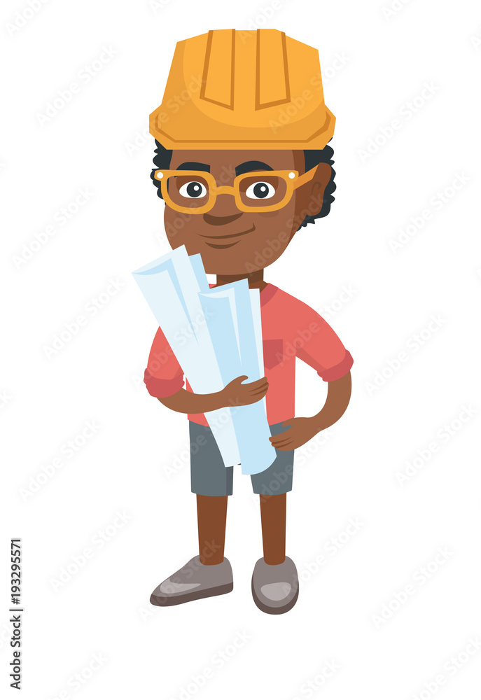 Little african engineer boy wearing hard hat and holding paper plans in  hands. Smiling engineer boy in helmet holding blueprints. Vector sketch  cartoon illustration isolated on white background. Stock Vector | Adobe