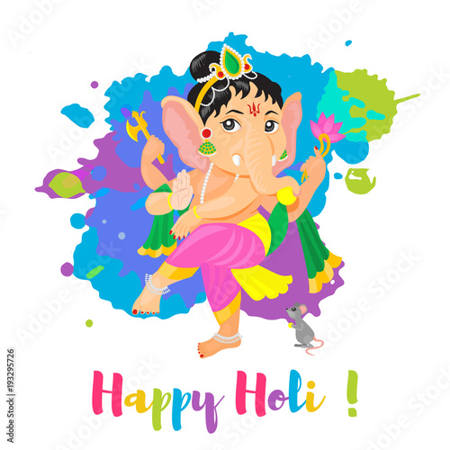 Happy Holi Holiday poster with Lord Ganesha God. Colorful flat cartoon style illustration