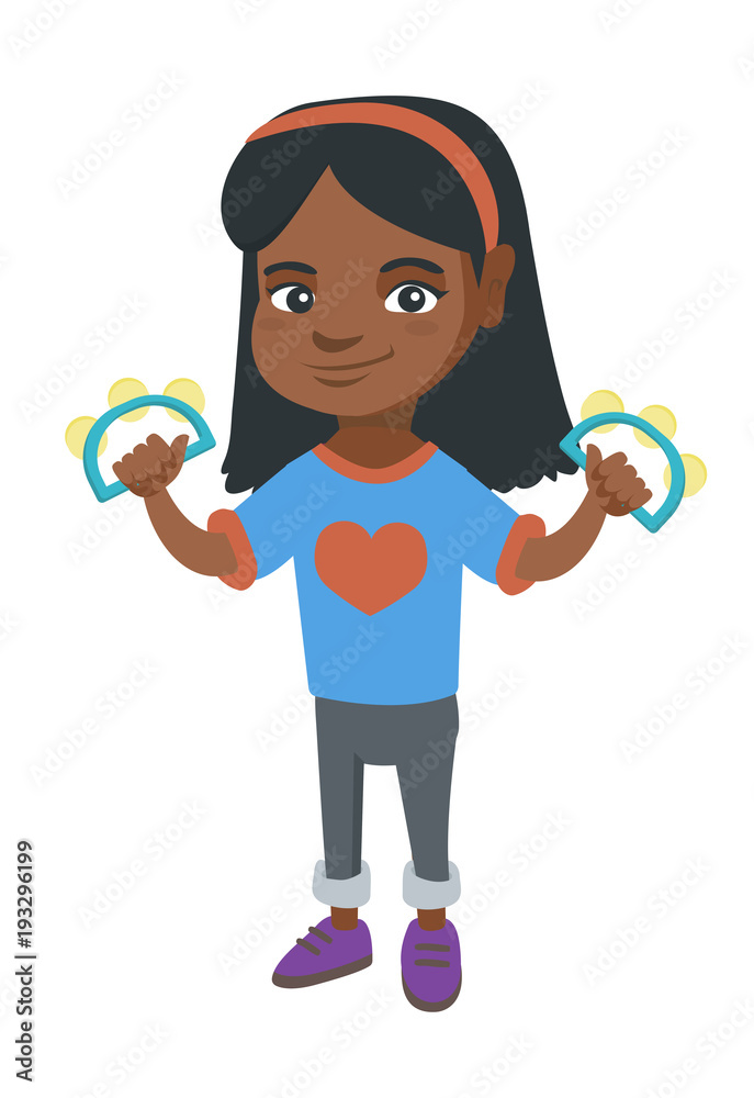 Little african-american girl playing the tambourine. Full length of happy girl with two tambourines in hands. Vector sketch cartoon illustration isolated on white background.