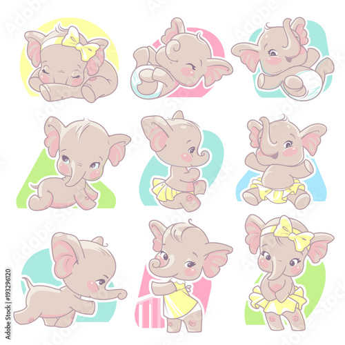 Cute little baby elephant girl. Set with baby illustrations from birth to one year old. baby growth from newborn to toddler. Child activity first year. Cute boy or girl of 0-12 months.
