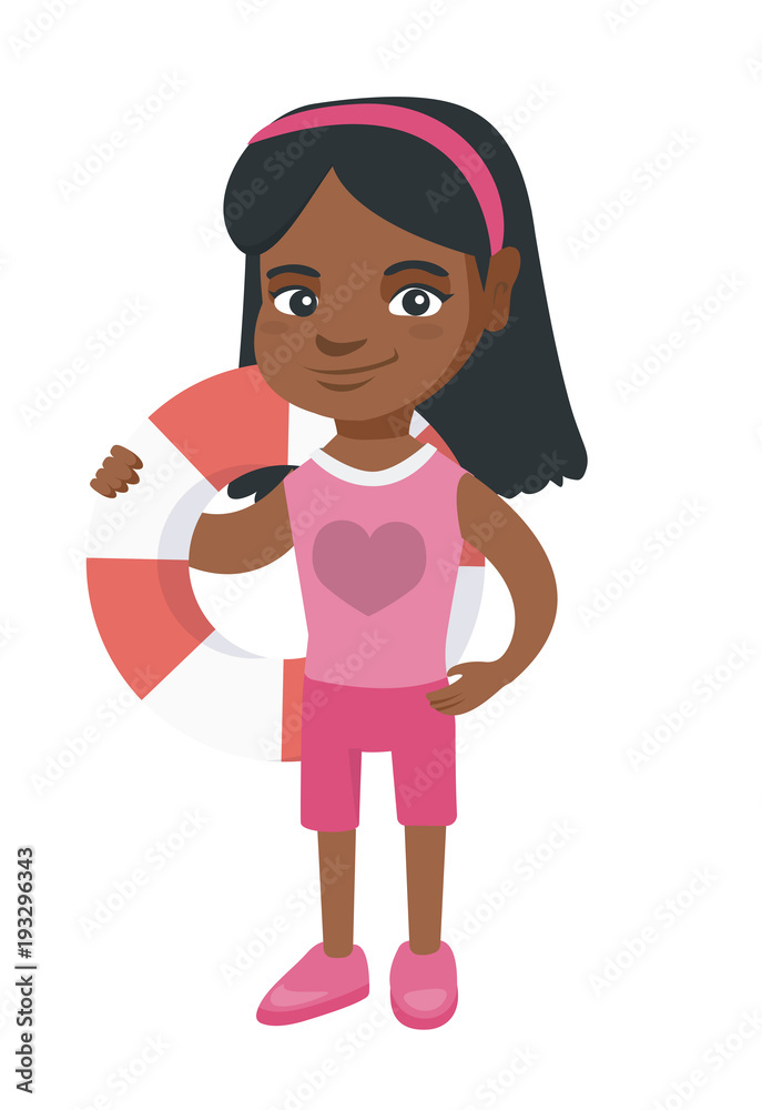 Little african girl in shorts holding a red-white lifebuoy. Smiling girl standing with lifebuoy. Girl is going to swim with lifebuoy. Vector sketch cartoon illustration isolated on white background. Little african girl in shorts holding a red-white lifebuoy. Smiling girl standing with lifebuoy. Girl is going to swim with lifebuoy. Vector sketch cartoon illustration isolated on white background.