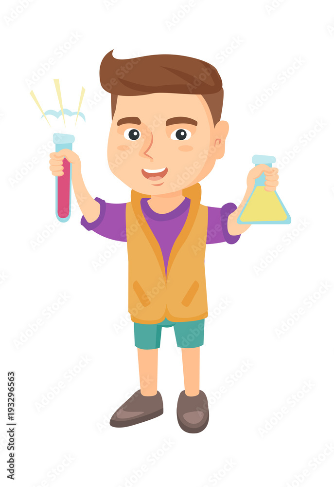 Little caucasian boy holding test tube and beaker with chemical reagents. Full length of happy boy with flask and test tube in hands. Vector sketch cartoon illustration isolated on white background.