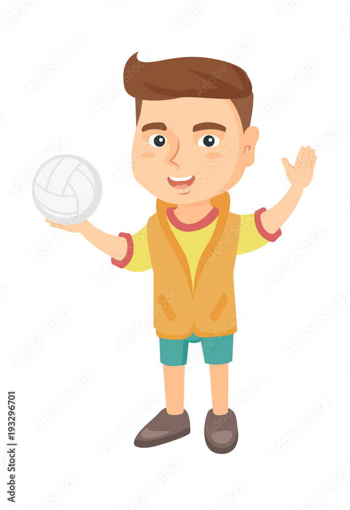Little caucasian boy holding a volleyball ball in hand. Full length of  young volleyball player with a volleyball ball. Vector sketch cartoon  illustration isolated on white background. Stock Vector | Adobe Stock