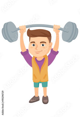 Fototapeta Naklejka Na Ścianę i Meble -  Strong caucasian child lifting a heavy weight barbell. Little boy in sportswear training with barbell. Happy boy holding a barbell. Vector sketch cartoon illustration isolated on white background.